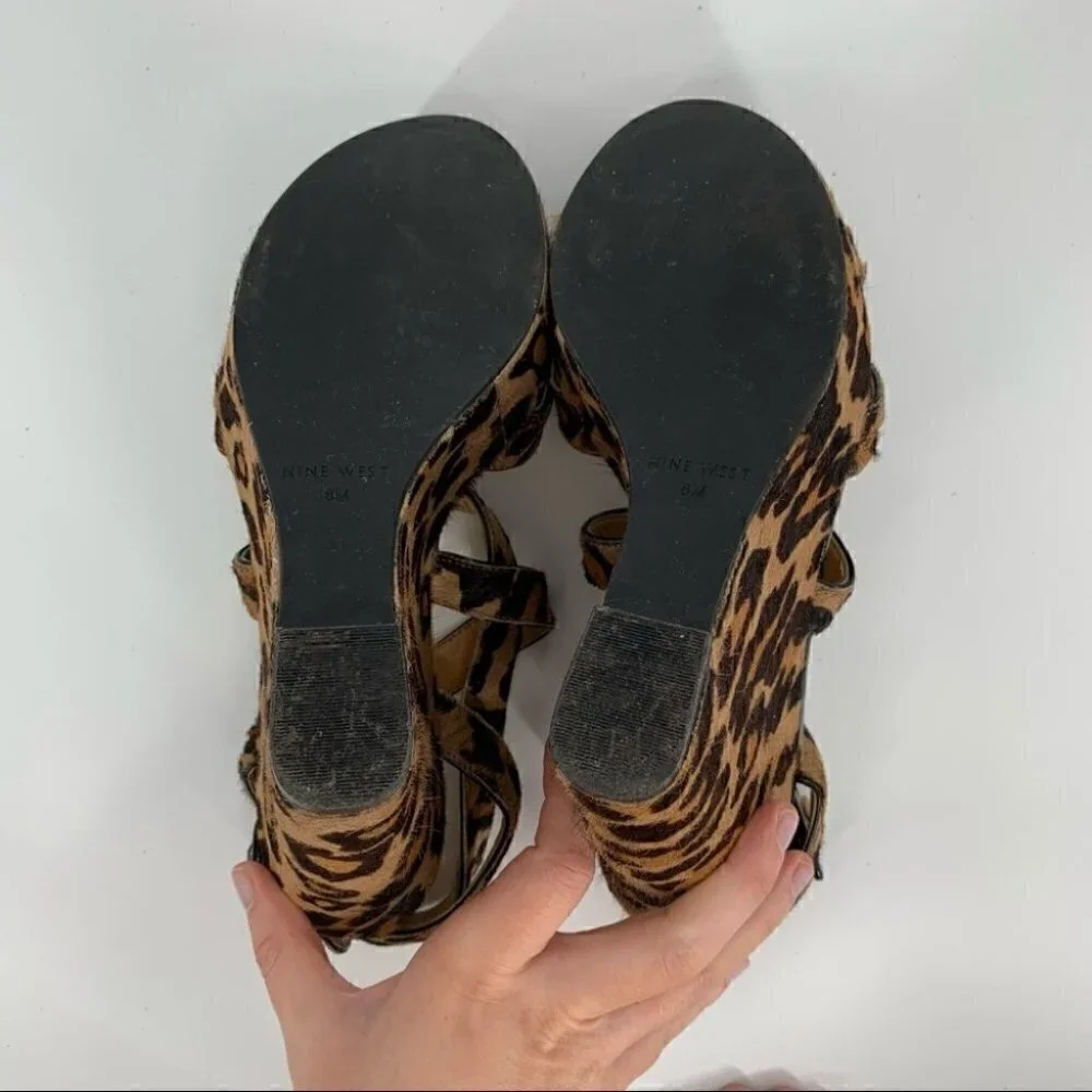 Nine West heels fannyr size 8 Cheetah print calf hair platform strappy wedges